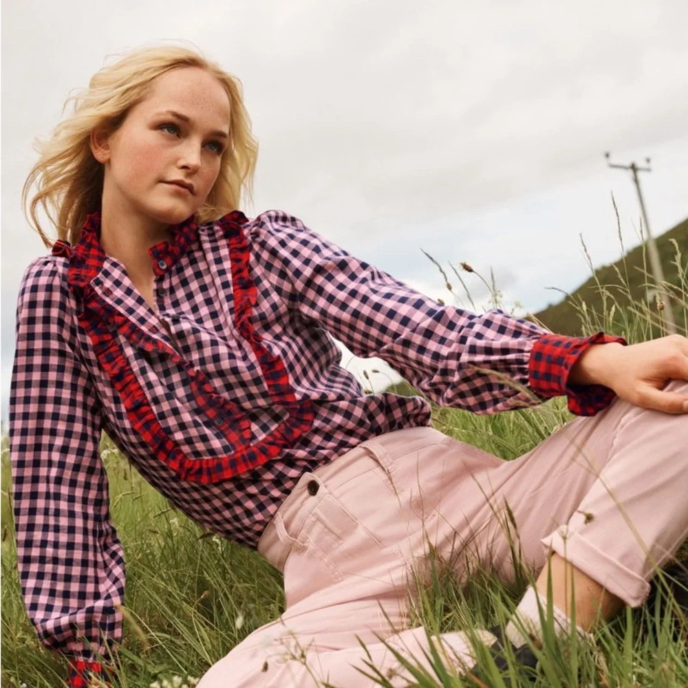 Boden Isla Frill Detail Pink and Black Plaid Cotton Flannel Button Up Shirt - Picture 1 of 10